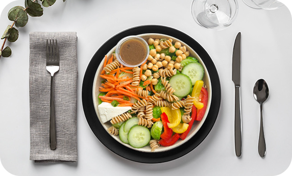 Quality ingredients - colorful healthy meal with pasta salad ...